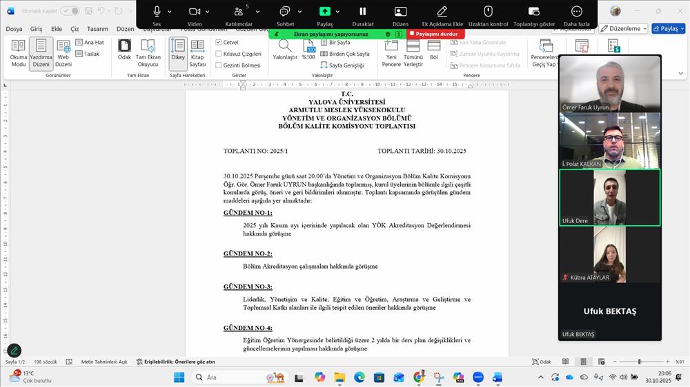 Bölüm Kalite Komisyonu Toplantısı Gerçekleştirildi